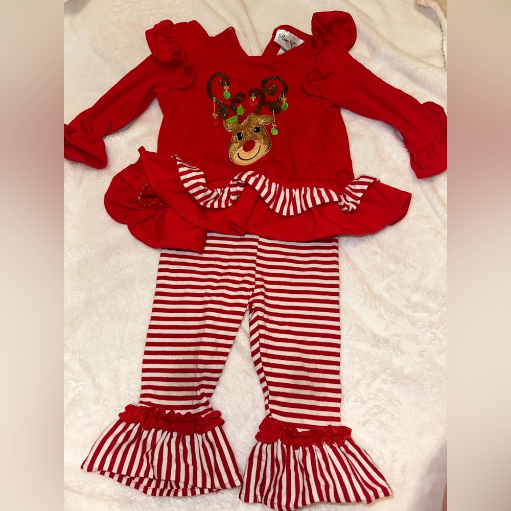 Rare Editions Striped Ruffle Reindeer Two piece Bell Bottom Oufit Set Size 6-9m
